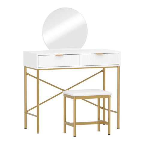 Dressing Table Stool Set with Mirror 2 Drawers White & Gold