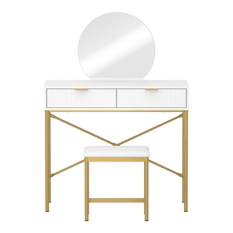 Dressing Table Stool Set with Mirror 2 Drawers White & Gold