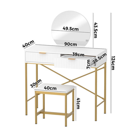Dressing Table Stool Set with Mirror 2 Drawers White & Gold