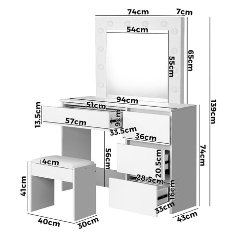 Dressing Table Stool Set with 12 Bulbs Mirror White