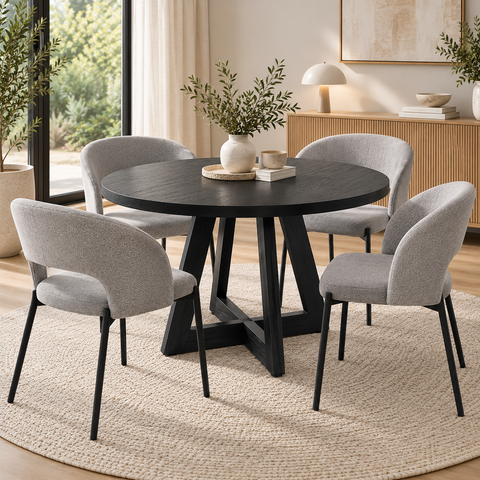 Marlow 5pcs Dining Set with 120cm Black Round Table & 4 Grey Fabric Chairs