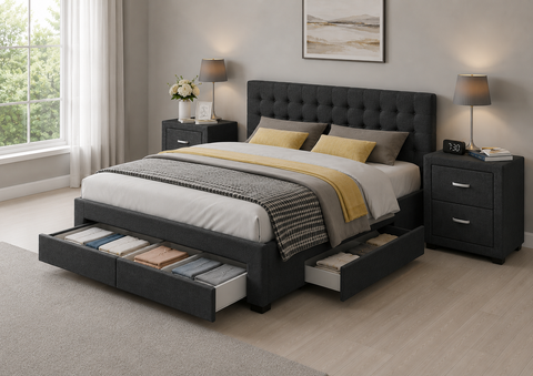 Cody 3pcs King Bedroom Set with Storage Bed & 2 Bedside Tables – Charcoal