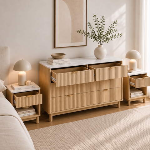 Daisy 3pcs Bedroom Set with Marble-Look 6-Drawer Chest & 2 Bedside Tables