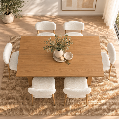 Jasmine 7Pcs Dining Set with 180cm Oak Rectangular Table & Six White Boucle Chairs