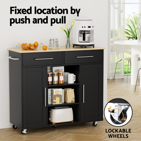 Kitchen Island Trolley Rolling Serving Cart Storage Drawer Cabinet 100cm Black
