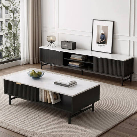 Kass TV Unit & Coffee Table Set Storage Shelf Black