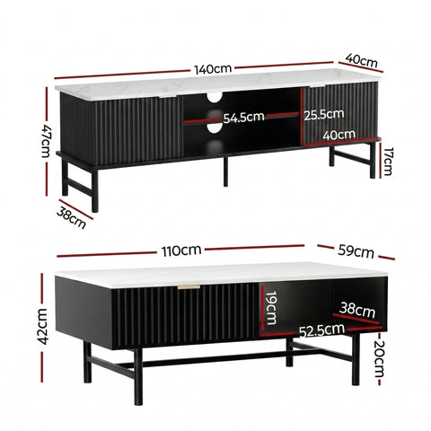 Kass TV Unit & Coffee Table Set Storage Shelf Black