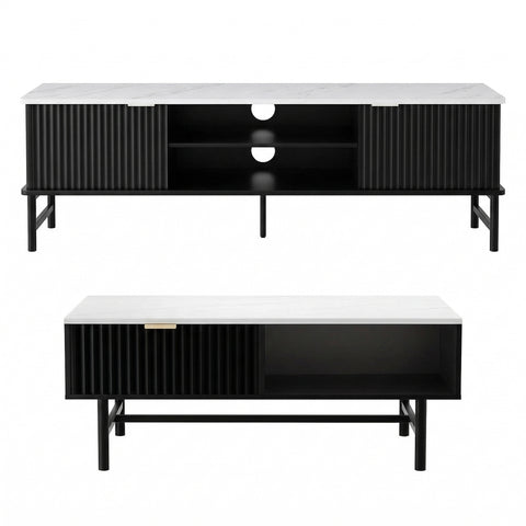 Kass TV Unit & Coffee Table Set Storage Shelf Black