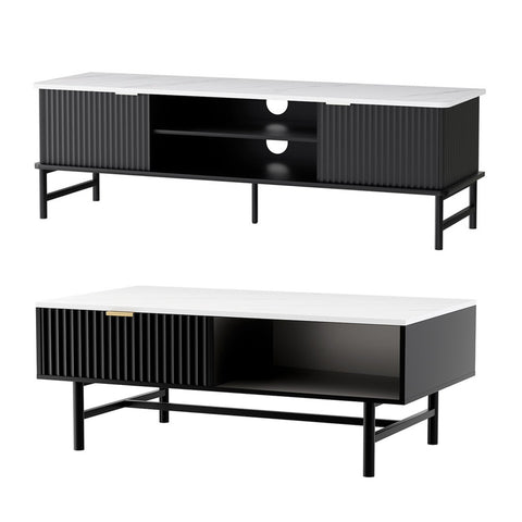 Kass TV Unit & Coffee Table Set Storage Shelf Black