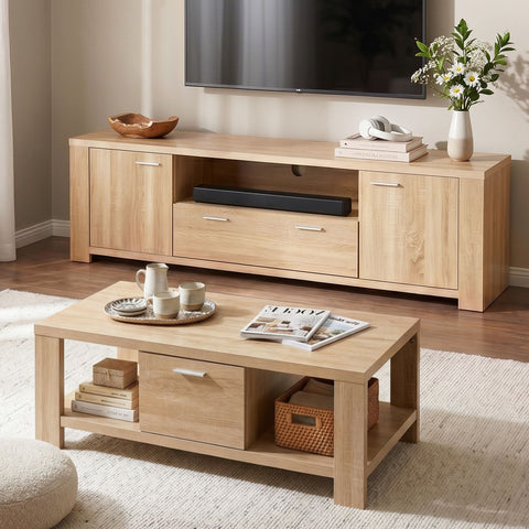 Tuco TV Unit & Coffee Table Set Storage Drawer Pine