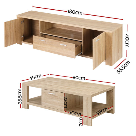 Tuco TV Unit & Coffee Table Set Storage Drawer Pine