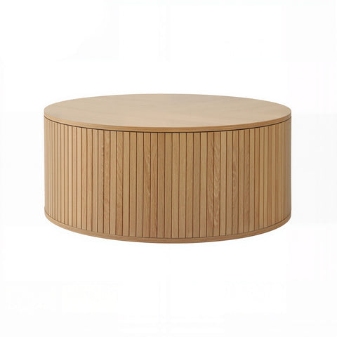 Round Coffee Table Storage Fluted Center Table Living Room Office 80cm Wood