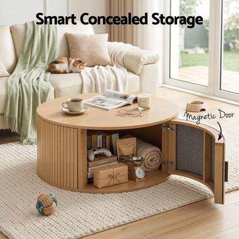 Round Coffee Table Storage Fluted Center Table Living Room Office 80cm Wood