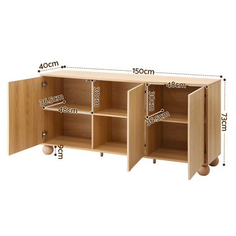 Buffet Sideboard Cabinet 2-Tier Fluted Kitchen Storage Ball Legs Pine