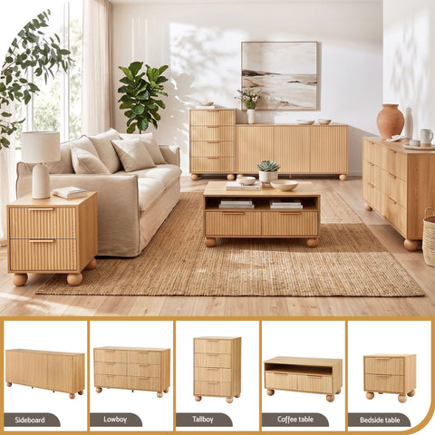 Buffet Sideboard Cabinet 2-Tier Fluted Kitchen Storage Ball Legs Pine
