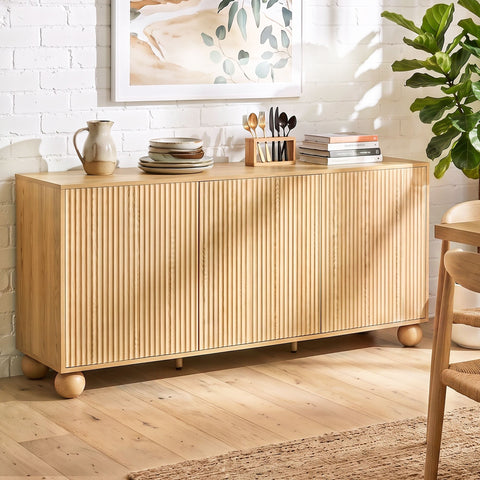 Buffet Sideboard Cabinet 2-Tier Fluted Kitchen Storage Ball Legs Pine