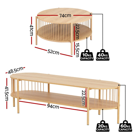 May TV Unit & Coffee Table Set Storage Shelf Pine