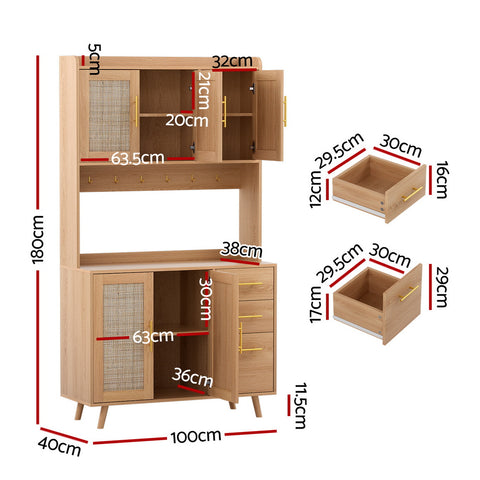 Buffet Sideboard Hutch Storage Cabinet Kitchen Cupboard Hooks Rattan Pine