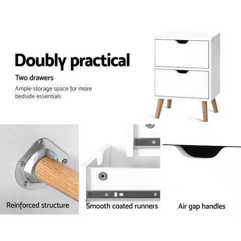 2X Bedside Table 2 Drawers - BODEN White