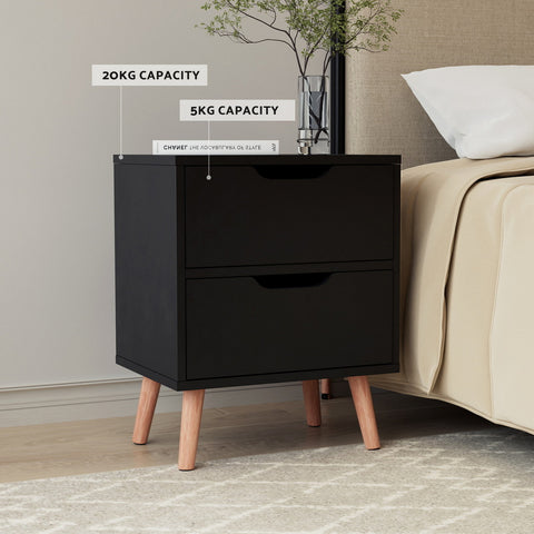 2 x Bedside Table 2 Drawers - BODEN Black