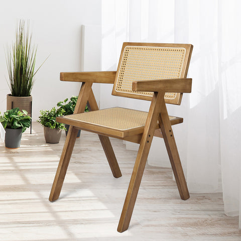 Levede 2x Dining Chair Solid Wood Rattan Natural-1954802993522151431