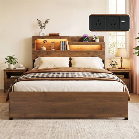 Double Bed Frame Metal with Charging Station LED Light Storage Shelf