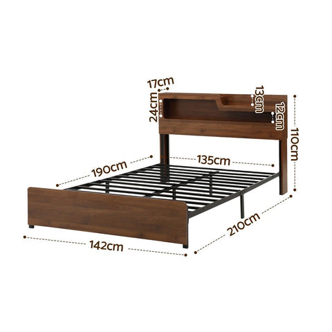 Double Bed Frame Metal with Charging Station LED Light Storage Shelf