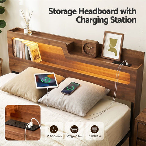 Double Bed Frame Metal with Charging Station LED Light Storage Shelf