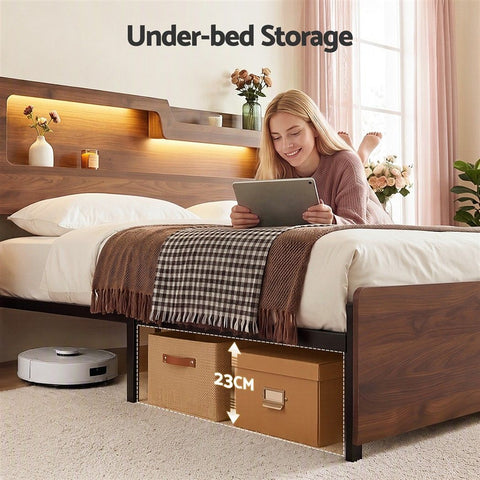 Double Bed Frame Metal with Charging Station LED Light Storage Shelf