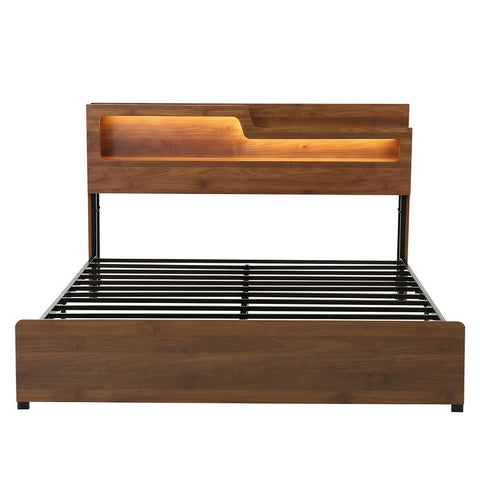 King Bed Frame Metal with Charging Station LED Light Storage Shelf