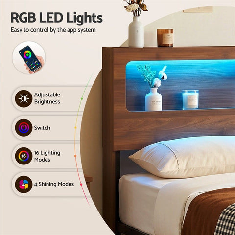 Queen Bed Frame Metal with Charging Station LED Light Storage Shelf