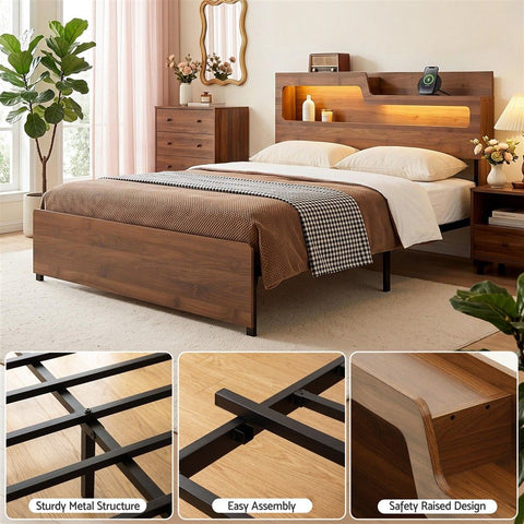 Queen Bed Frame Metal with Charging Station LED Light Storage Shelf