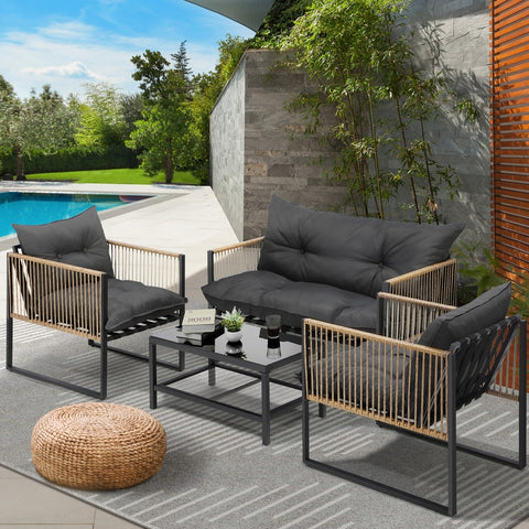 Livsip 4 PCS Outdoor Furniture Set Lounge Sofa Table Chairs
