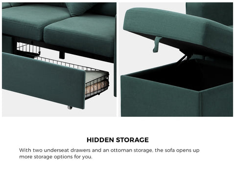 3 Seater Sofa Lounge Set Modular Couch Drawers&Ottoman Velvet Green