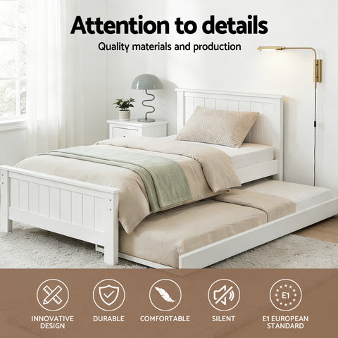 Bed Frame King Single Size Wooden Trundle Daybed White ELVIS