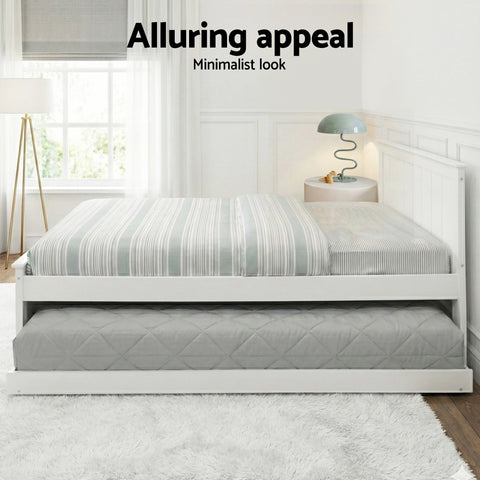 Bed Frame King Single Size Wooden Trundle Daybed White ELVIS