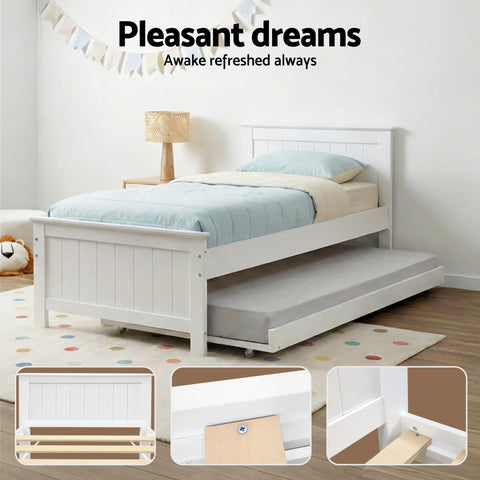 Bed Frame King Single Size Wooden Trundle Daybed White ELVIS