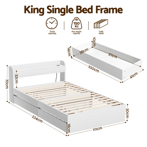 Bed Frame King Single Size with Charging Ports and 2 Drawers AURA
