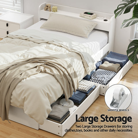 Bed Frame King Single Size with Charging Ports and 2 Drawers AURA