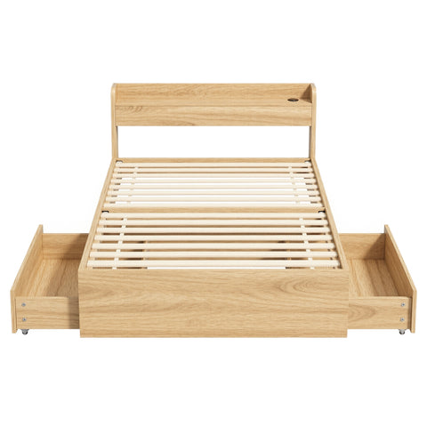 Single Bed Frame with 2 Storage Drawers Platform Bed Base with USB Ports Sturdy Wooden Slat Support Natural