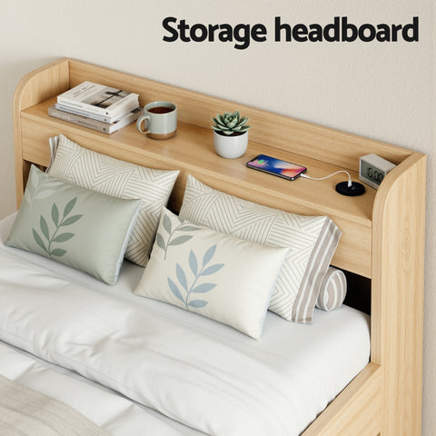 Single Bed Frame with 2 Storage Drawers Platform Bed Base with USB Ports Sturdy Wooden Slat Support Natural