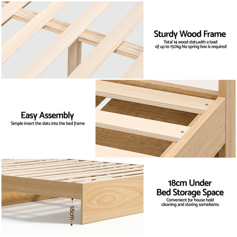 Single Bed Frame with 2 Storage Drawers Platform Bed Base with USB Ports Sturdy Wooden Slat Support Natural