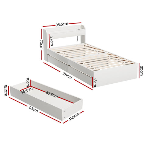 Bed Frame Single Size with Charging Ports and 2 Drawers AURA