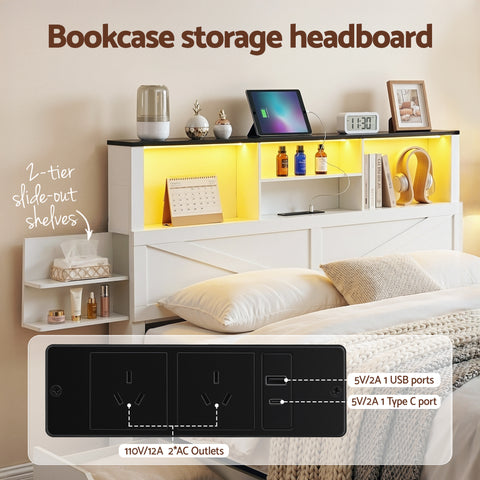 Double Bed Frame with Storage Drawers White Platform Bedframe with Bookcase Headboard Charging Station Led Light