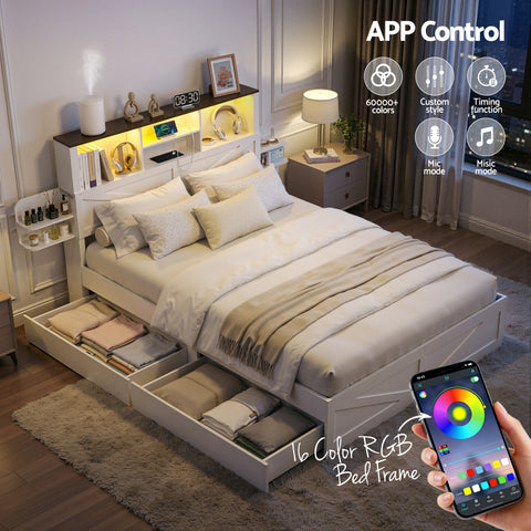 Double Bed Frame with Storage Drawers White Platform Bedframe with Bookcase Headboard Charging Station Led Light