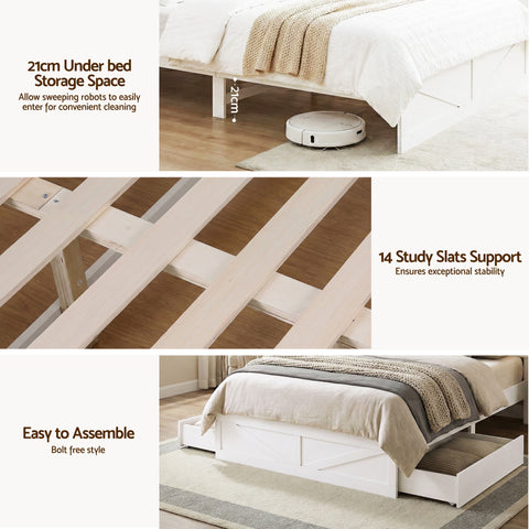 Double Bed Frame with Storage Drawers White Platform Bedframe with Bookcase Headboard Charging Station Led Light