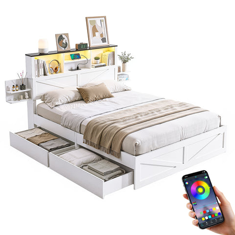 Double Bed Frame with Storage Drawers White Platform Bedframe with Bookcase Headboard Charging Station Led Light