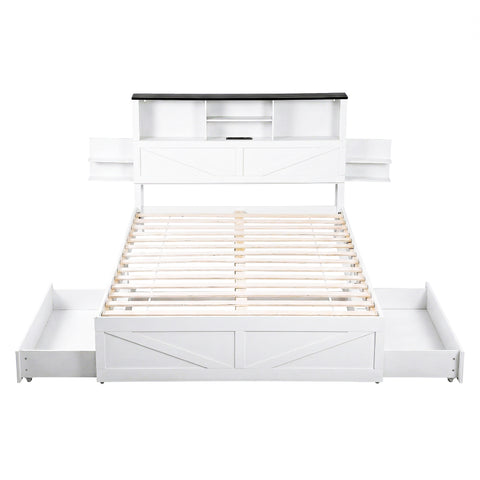 Queen Bed Frame with Storage Drawers White Platform Bedframe with Bookcase Headboard Charging Station Led Light