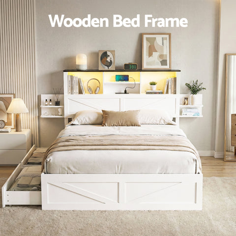 Queen Bed Frame with Storage Drawers White Platform Bedframe with Bookcase Headboard Charging Station Led Light