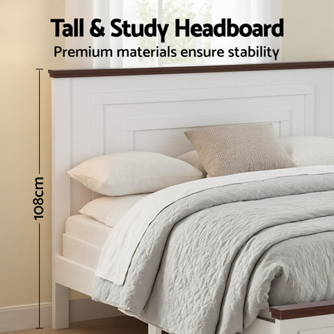 Double Wooden Bed Frame with 2 Drawer Platform Bed with 108cm Solid High Headboard White Bed Base for Bedroom Easy Assembly